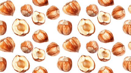 Seamless pattern of watercolor hazelnuts on a crisp white background ideal for fabric design and home decor