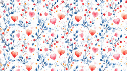 Fototapeta premium Watercolor winter seamless pattern featuring vibrant berries charming hearts twinkling stars and delicate branches ideal for invitations and greeting card designs