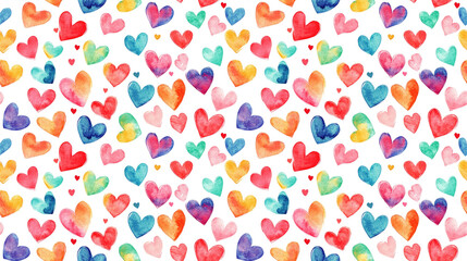 Colorful seamless pattern of watercolor hearts perfect for romantic designs and crafting projects