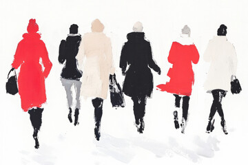 Fototapeta premium A group of women walking down a snowy street, some carrying handbags
