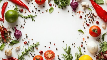 A vibrant assortment of fresh vegetables and spices artfully arranged on a textured white background, leaving a blank space for text, perfect for culinary-themed designs or recipe presentations.