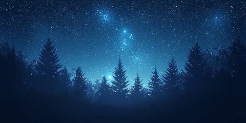 Fototapeta premium A serene night sky filled with stars above a dark silhouette of pine trees, creating a peaceful and mystical atmosphere.