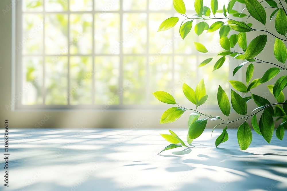 Poster sunlight streaming through window: a serene and inviting image showcasing a rustic wooden table bath