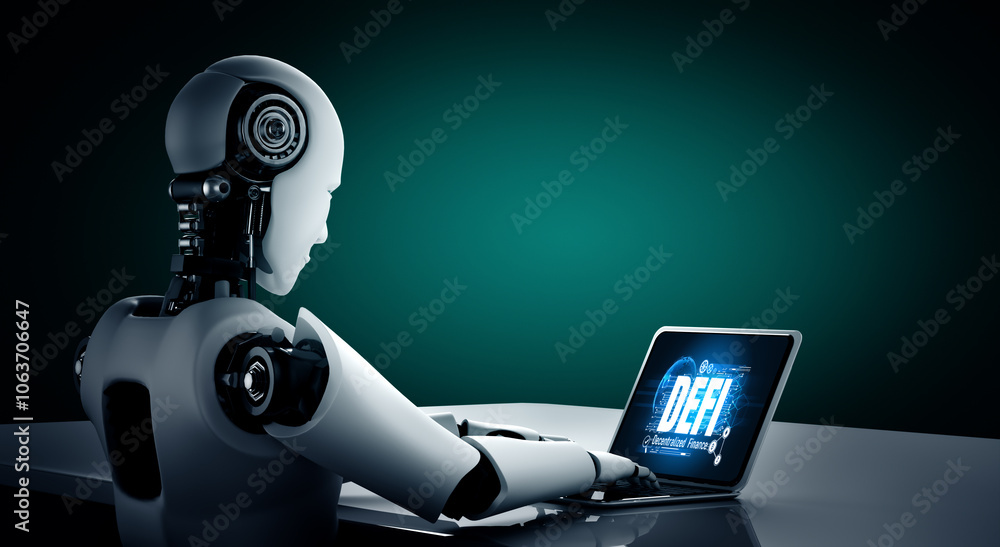 Poster decentralized finance or defi concept on modish computer screen . the defi system give new choice of