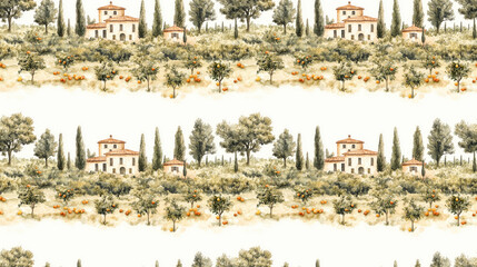 Obraz premium Seamless watercolor pattern of a rustic landscape featuring a villa and farmhouse among fruit trees and cypresses ideal for textile design and home decor