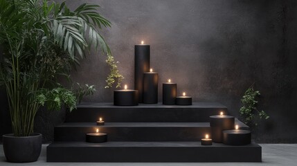 A set of black candles of different sizes are lit on a set of concrete stairs, with a palm plant in the background.