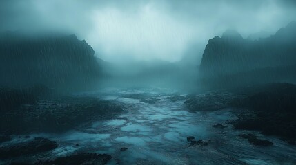 misty morning in the fog Beautiful green forest  background generative ai