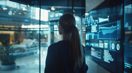 A young entrepreneur reflecting on their journey in a modern office, with digital displays showcasing the evolution of their business from idea to global brand.