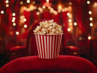 A bucket of buttery popcorn sits on a plush red seat, surrounded by a warm, inviting atmosphere filled with soft glowing lights.