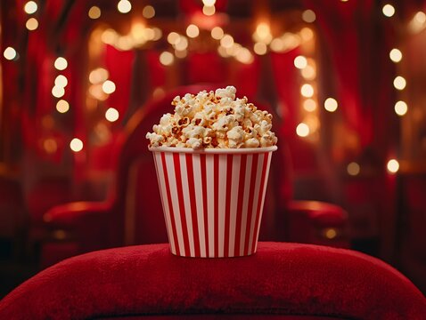 A bucket of buttery popcorn sits on a plush red seat, surrounded by a warm, inviting atmosphere filled with soft glowing lights.
