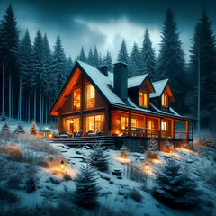 Fototapeta premium house on the edge of a winter forest covered with snow with glowing holiday windows and lights