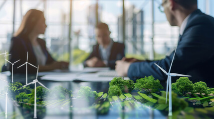 Business executives consulting with sustainability experts during a meeting, discussing how to implement renewable energy solutions in their company.