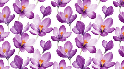 Watercolor seamless pattern of purple crocuses on a white background hand painted floral design for textile applications packaging and scrapbooking