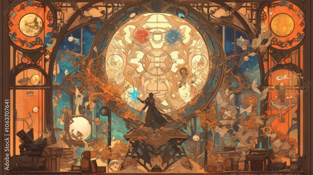 Poster an elaborate stained glass window depicts a scene of alchemy and magic with intricate symbols intert