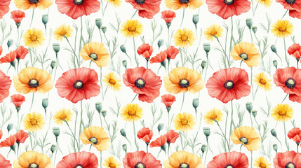 Fototapeta premium Seamless pattern featuring hand drawn watercolor illustrations of vibrant poppies and calendulas perfect for textile design and home decor