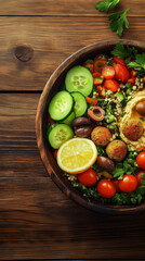 A Mediterranean-inspired Buddha bowl with homemade falafel, tabbouleh, hummus, olives, cherry tomatoes, and cucumber, garnished with a lemon wedge. Natural, warm lighting enhances the vibrant colors 