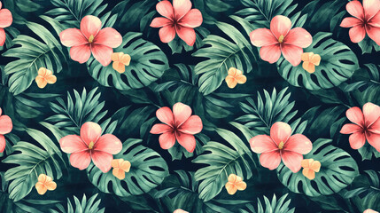 Watercolor seamless pattern featuring tropical plants with hand drawn leaves and flowers ideal for swimwear botanical design