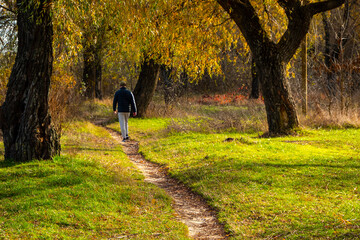 Walking on the meadow path in autumn.