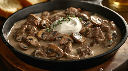 A rustic iron skillet filled with creamy beef stroganoff, featuring tender beef and golden mushrooms. Topped with thyme and sour cream, it's served on a wooden board with crusty bread. 