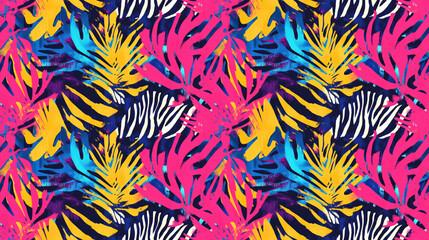 Vibrant seamless jungle textile design featuring zebra stripes and abstract acid colors perfect for fashion and home decor applications