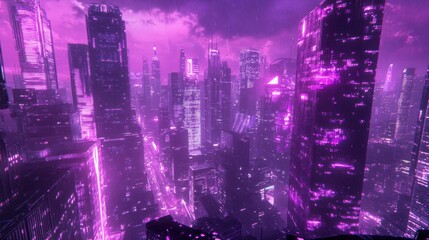 Obraz premium A futuristic city skyline with neon lights and towering skyscrapers bathed in a purple hue.