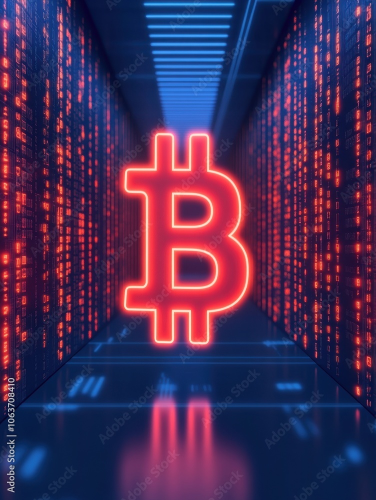Poster a digital representation of a glowing bitcoin symbol in a futuristic data center, surrounded by stre
