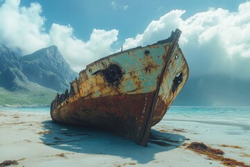 Naklejka premium Rusty shipwreck resting on tropical beach near mountains