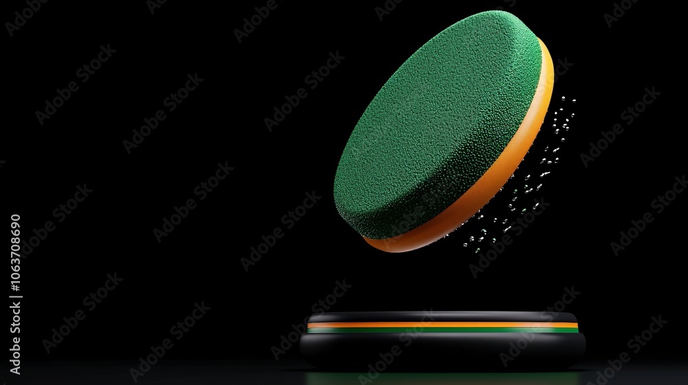 Poster floating green and yellow circle on black platform: a captivating abstract composition featuring a v