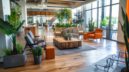A corporate office with stress-relief zones, relaxation workshops, and wellness programs to help employees manage burnout and maintain a healthy work-life balance