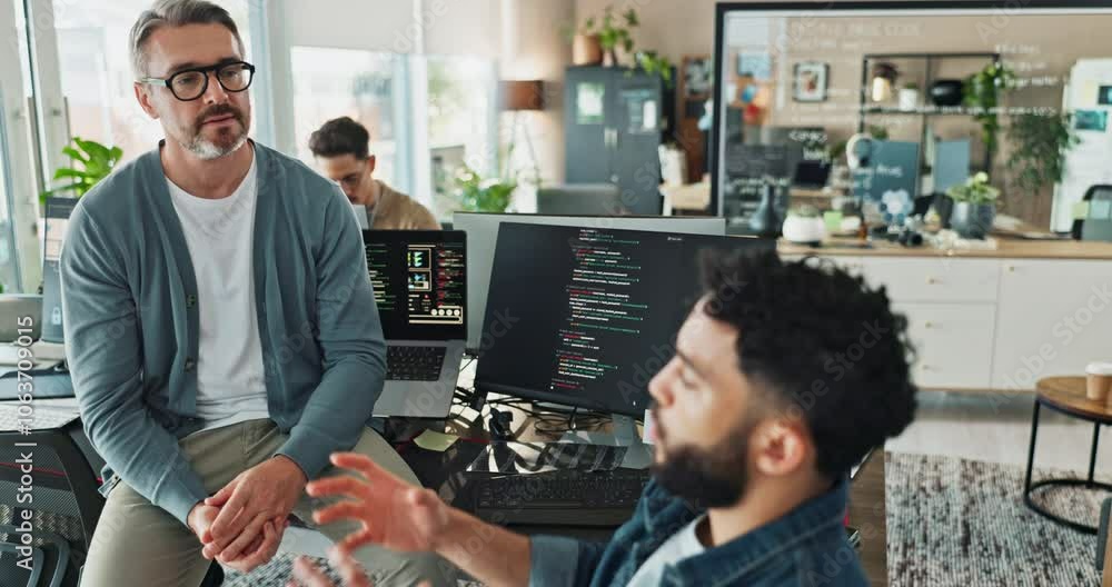 Aufkleber Men, talking and computer screen with coding in office for software development, website update and feedback. People, discussion and programming with IT team, script language and server maintenance