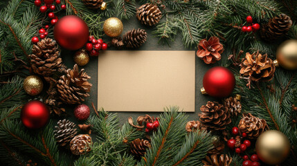 A rustic Christmas scene featuring pinecones, red berries, and greenery, creating a natural and cozy festive look, perfect for a warm holiday celebration.