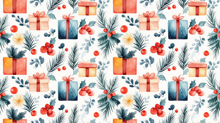 Naklejka premium Watercolor Christmas gift seamless pattern with vibrant colors and playful design ideal for festive decorations