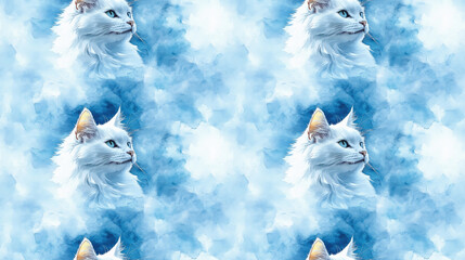 Watercolor portrait of a pure white Maine Coon cat against a blue background perfect for greeting cards and birthday celebrations