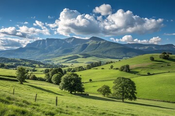 Obraz premium Breathtaking Mountain Range Surrounded by Lush Green Fields Under a Clear Blue Sky in Nature's Beauty