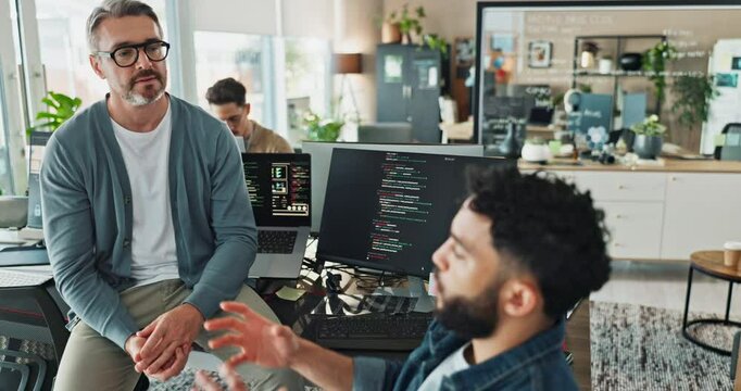 Men, talking and computer screen with coding in office for software development, website update and feedback. People, discussion and programming with IT team, script language and server maintenance