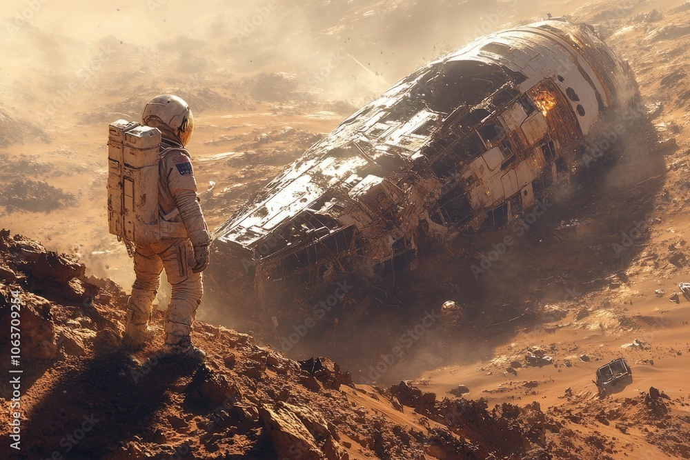 Poster astronaut exploring remains of giant spaceship on mars surface