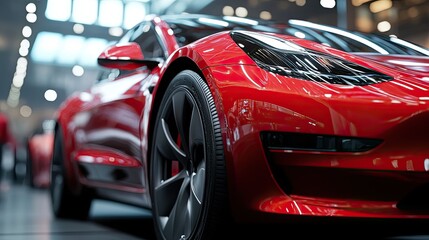 Naklejka premium Close-up of a Red Electric Car with Black Wheels