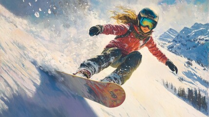 A young girl snowboards down a snowy mountain, capturing the excitement of winter sports and outdoor adventure. 