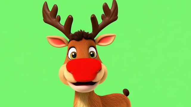 A cheerful animated reindeer with a cartoonish design against a green background. The reindeer has a friendly smile and large expressive eyes, making it perfect for holiday-themed videos for kids.
