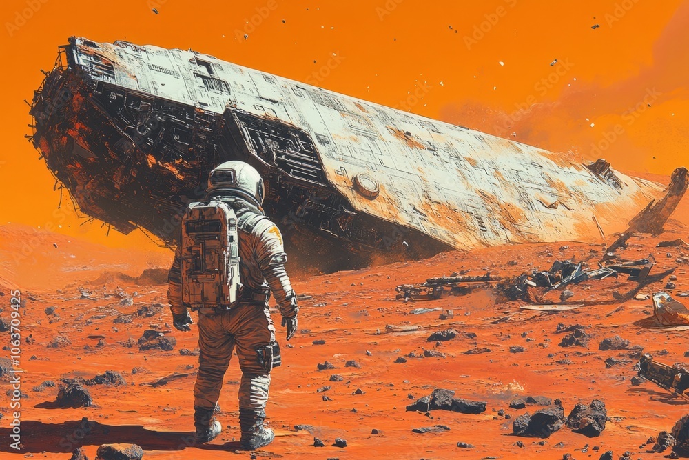 Poster astronaut observing crashed spaceship on mars desert planet