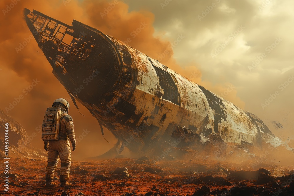 Poster astronaut observing crashed spaceship on mars during dust storm