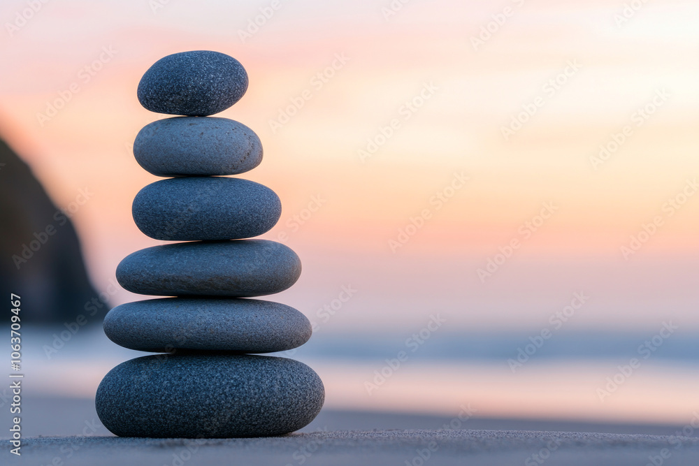 Aufkleber stacking smooth stones creates a serene and balanced beach atmosphere for mindfulness practices