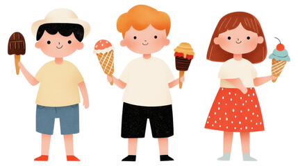 Three children happily enjoying ice cream on a sunny day, colorful and cheerful illustration.