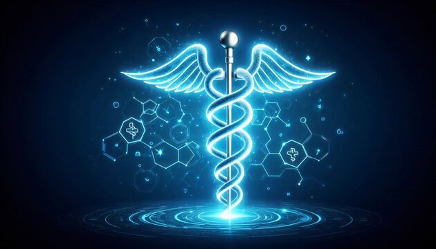 Futuristic Medical Symbol with Wings and Abstract Background