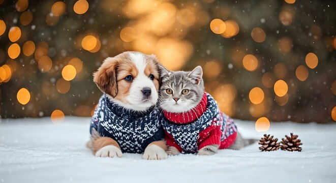 Concetto di inverno, freddo e feste di Natale: cuccioli di cane e gatto in un bosco con neve e ghiaccio al freddo