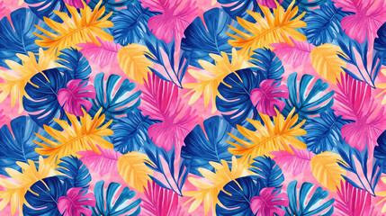 Seamless tropical beach pattern illustrated with vibrant watercolors perfect for fabric or wallpaper design