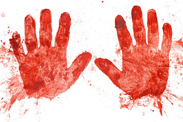Two red bloody handprints showing fingers and palm on white background
