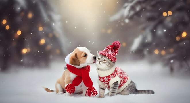 Concetto di inverno, freddo e feste di Natale: cuccioli di cane e gatto in un bosco con neve e ghiaccio al freddo
