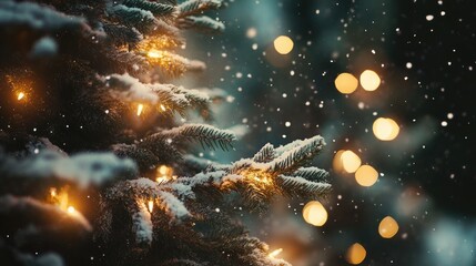 Naklejka premium Beautifully lit Christmas tree with snow falling