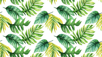 Watercolor seamless pattern featuring modern tropical palm leaves perfect for botanical design and vibrant jungle inspired decor